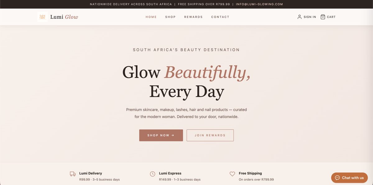 Screenshot of the Lumi Glow website