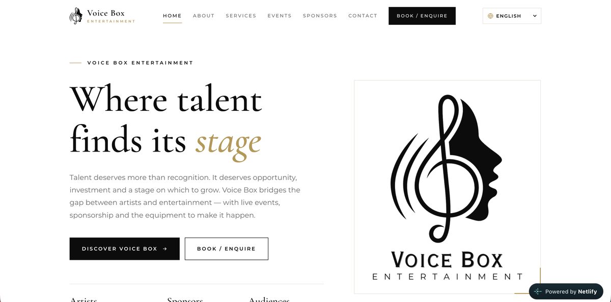 Screenshot of the Voice Box Entertainment website